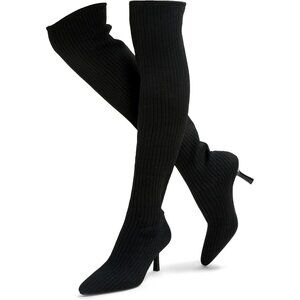 Women's Black Thigh High Socks Pointed Toe Over-the- Knee High Heel Boots